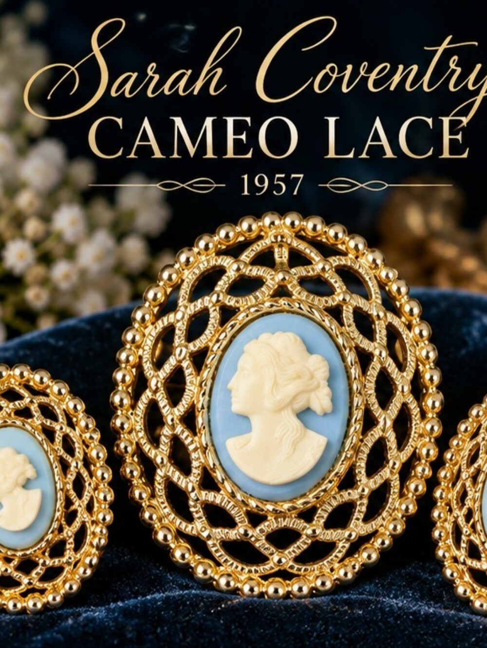 Vintage 1957 Sarah Coventry Cameo Lace Brooch Pendant Clip Earrings Set